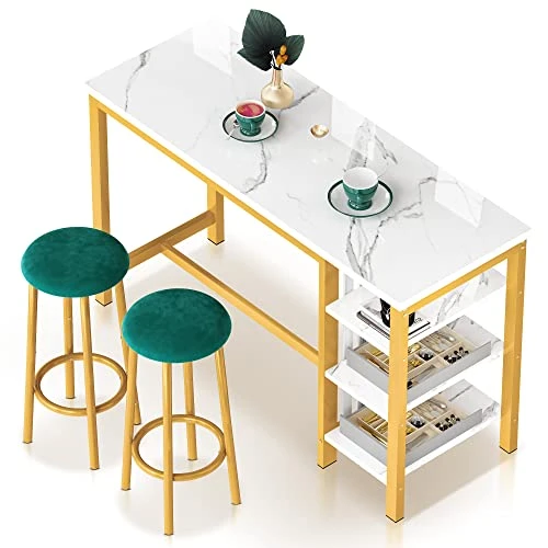 AWQM Bar Table Set With Storage Shelves, 47" White Modern Faux Marble Breakfast Table With 2 Stools, 3-Piece Dining Set For 2, Space Saving Table For Kitchen/Dinning Room/Living Room/Bedroom/Office 9 AWQM Bar Table Set With Storage Shelves, 47" White Modern Faux Marble Breakfast Table With 2 Stools, 3-Piece Dining Set For 2, Space Saving Table For Kitchen/Dinning Room/Living Room/Bedroom/Office - Image 7