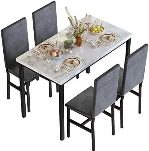 Tantohom Dining Table Set For 4, Compact Kitchen Table And Chairs For 4, 5 Pieces Faux Marble Dining Room Table Set With 4 Velvet Upholstery Chairs For Small Space, Living Room, Breakfast Nook, Gray 15 Tantohom Dining Table Set For 4, Compact Kitchen Table And Chairs For 4, 5 Pieces Faux Marble Dining Room Table Set With 4 Velvet Upholstery Chairs For Small Space, Living Room, Breakfast Nook, Gray - Image 13