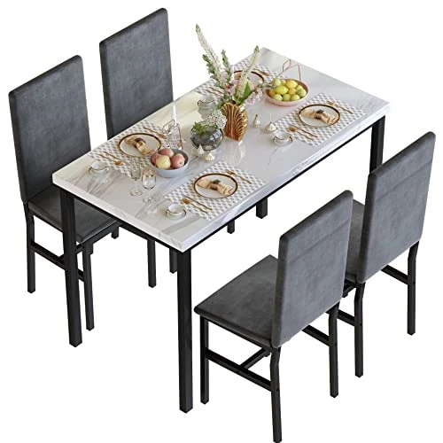 Tantohom Dining Table Set For 4, Compact Kitchen Table And Chairs For 4, 5 Pieces Faux Marble Dining Room Table Set With 4 Velvet Upholstery Chairs For Small Space, Living Room, Breakfast Nook, Gray 3 Tantohom Dining Table Set For 4, Compact Kitchen Table And Chairs For 4, 5 Pieces Faux Marble Dining Room Table Set With 4 Velvet Upholstery Chairs For Small Space, Living Room, Breakfast Nook, Gray