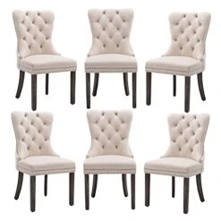 Civama Dining Chairs Set Of 6, Velvet Nikki Collection Dining Room Chair Upholstered Modern Luxury Tufted With Nailhead Trim Back Pull Ring Solid Wooden Legs, Beige