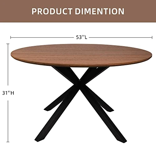 53'' Mid-Century Modern Round Dining Room Table For 4-6 Person For Home, Kitchen, Restaurant, W/Solid Metal Legs Leisure Kitchen Table For Dining Room, Easy-Assembly, Walnut Looking 4 53'' Mid-Century Modern Round Dining Room Table For 4-6 Person For Home, Kitchen, Restaurant, W/Solid Metal Legs Leisure Kitchen Table For Dining Room, Easy-Assembly, Walnut Looking - Image 2