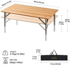 ATEPA Bamboo Camping Table Environmental Folding Table With Adjustable Height Aluminum Legs Heavy Duty 110lbs 4-Fold Portable Foldable Camp Tables For Travel, Picnic, Outdoor And Indoor -Home Table Chair Store 41yMGdpSF1L