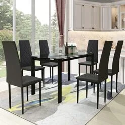 Recaceik 7 Pieces Modern Dining Table Set For 6, 52 Inch Glass Table And 6 PU Leather Kitchen Dining Room Chairs With Metal Frames, Dining Room Table And Chairs Set, Easy To Clean & Assemble -Home Table Chair Store 51 ntSSAeyL. AC
