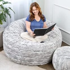 Jaxx 5 Foot Saxx Bean Bag Chair For Adults - Luxe Faux Fur, Silver Fox -Home Table Chair Store 5109rj8ApNL