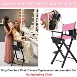 KAEGREEL Makeup Chair Accessories Set (No Chair) For Artist And Personal Make Up, 5-in-1 Pink Director Chair Canvas Replacement Kit With Sticks And Side Storage Bags (Chair Not Included)