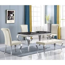 AZhome Dining Chairs Set Of 4, Beige Velvet Upholstered Dining Room Chairs With Silver Mirrored Stainless Steel Cabriole Legs