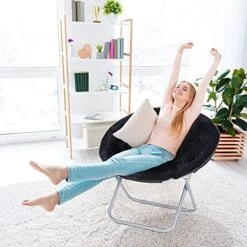 ZenStyle Faux Fur Saucer Chair, Folding Chair Soft Lounge Chair, Portable Moon Chair For Bedroom, Dorm Rooms, Apartments, Lounging, Garden And Courtyard, Black