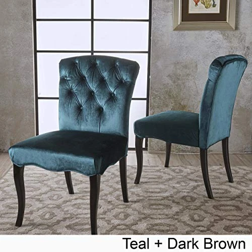 Christopher Knight Home Hallie Traditional Velvet Armless Dining Chairs, 2-Pcs Set, Teal / Dark Brown 4 Christopher Knight Home Hallie Traditional Velvet Armless Dining Chairs, 2-Pcs Set, Teal / Dark Brown - Image 2