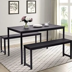 Dining Table Set, Hinpia 3 Pieces Modern Kitchen Table With 2 Benches, Wood Tabletop And Metal Frame (Black) 11 Dining Table Set, Hinpia 3 Pieces Modern Kitchen Table With 2 Benches, Wood Tabletop And Metal Frame (Black) -Home Table Chair Store 511NGjC 0xS. AC