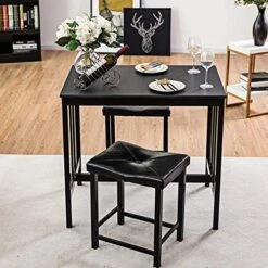 Giantex 3 Piece Dining Set, Counter Height Table Set With Black Frosted Tabletop And Metal Frame For Kitchen, Bar Or Apartment W/ 2 Faux Leather Backless Stools, Compact, Space-Saving Design -Home Table Chair Store 512AC3LWB4L