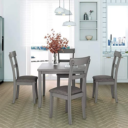 Merax Wooden Dining Table Set Retro Style Kitchen Table Set 5 Piece Table Set For 4, Table And 4 Chairs Home Kitchen Furniture Dinette Set,Gray 4 Merax Wooden Dining Table Set Retro Style Kitchen Table Set 5 Piece Table Set For 4, Table And 4 Chairs Home Kitchen Furniture Dinette Set,Gray - Image 2