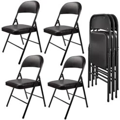 SKONYON Padded Seat Folding Chair Metal Frame Folding Chairs For Home Office, Double Braced, 4 Pack, Black