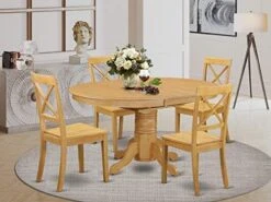 East West Furniture AVBO7-OAK-W Kitchen Set 6 Amazing Room Chairs-A Stunning Round Color Wooden Seat Oak Butterfly Leaf Modern Dining Table -Home Table Chair Store 513s7Js5dKL. AC
