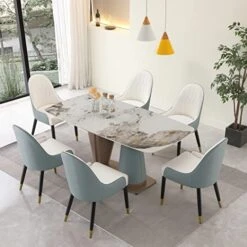 Montary 7 Piece Dining Table Set, Dining Table And Chairs Set, Metal Macaron Dining Table Set For 6, Pandora Marble Dining Table With 6 Chairs For Kitchen, Dining Room