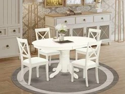 East West Furniture AVBO7-OAK-W Kitchen Set 6 Amazing Room Chairs-A Stunning Round Color Wooden Seat Oak Butterfly Leaf Modern Dining Table -Home Table Chair Store 5151XA7C8WL. AC