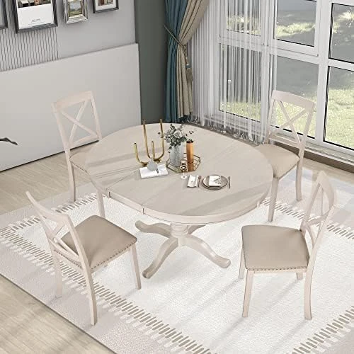 P PURLOVE Round Extendable Dining Table Set For 4 Persons, 5 Piece Round Kitchen Table Set With Extendable Table And 4 Upholstered Dining Chairs for Kitchen Dining Room 9 P PURLOVE Round Extendable Dining Table Set For 4 Persons, 5 Piece Round Kitchen Table Set With Extendable Table And 4 Upholstered Dining Chairs for Kitchen Dining Room - Image 7