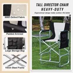 SILANON Tall Directors Chairs Foldable,Portable Folding Camping Chair Lightweight Aluminum Makeup Artist Chair With Side Table Storage Bag Heavy Duty Supports 300LBS Outdoor Indoor,Black/Beige -Home Table Chair Store 515sUGOv0XL