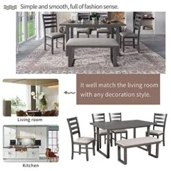 Aprilsoul 6-Pieces Simple Style Family Furniture, Solid Wood Set With Rectangular Table & 4 Chairs With Bench, A Stable Frame And A Long Lifespan, For Dining Room, Gray 14 Aprilsoul 6-Pieces Simple Style Family Furniture, Solid Wood Set With Rectangular Table & 4 Chairs With Bench, A Stable Frame And A Long Lifespan, For Dining Room, Gray -Home Table Chair Store 516Cb1YY18L