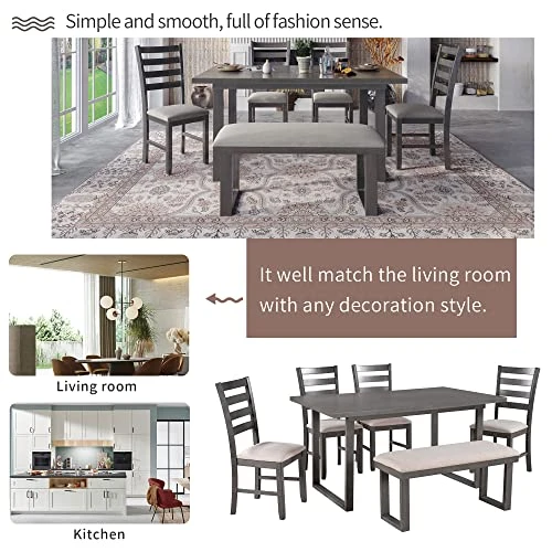 Aprilsoul 6-Pieces Simple Style Family Furniture, Solid Wood Set With Rectangular Table & 4 Chairs With Bench, A Stable Frame And A Long Lifespan, For Dining Room, Gray 8 Aprilsoul 6-Pieces Simple Style Family Furniture, Solid Wood Set With Rectangular Table & 4 Chairs With Bench, A Stable Frame And A Long Lifespan, For Dining Room, Gray - Image 6