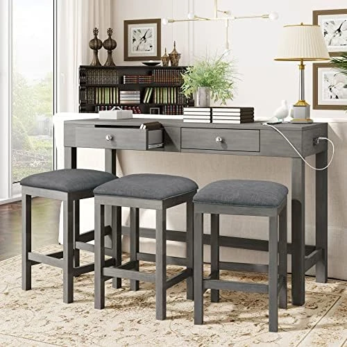 Harper & Bright Designs 4-Piece Counter Height Table Set With 2 Drawers And Socket, Mulitpurpose Rustic Bar Dining Table Set With 3 Leather Padded Stools (Espresso) 14 Harper & Bright Designs 4-Piece Counter Height Table Set With 2 Drawers And Socket, Mulitpurpose Rustic Bar Dining Table Set With 3 Leather Padded Stools (Espresso) - Image 12