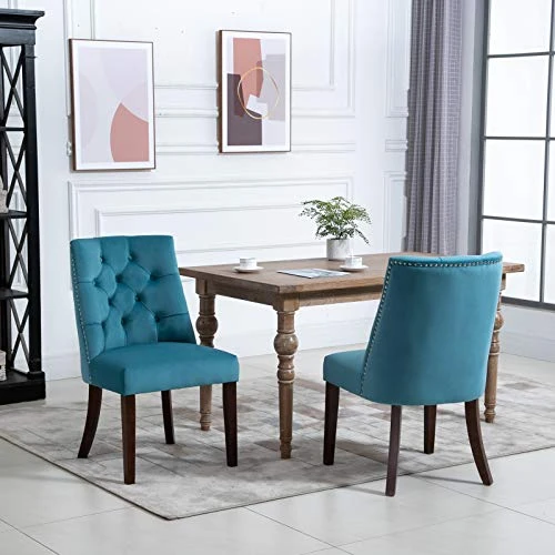 Dolonm Modern Dining Chairs Set Of 2 Upholstered Button Tufted Velvet Dining Chair With Nailhead Trim Accent Wingback Wooden Side Chair For Dining Room Kitchen Bedroom, Blue 5 Dolonm Modern Dining Chairs Set Of 2 Upholstered Button Tufted Velvet Dining Chair With Nailhead Trim Accent Wingback Wooden Side Chair For Dining Room Kitchen Bedroom, Blue - Image 3