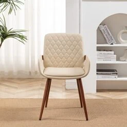 LUNLING Mid Century Modern Dining Chairs Set Of 2 Accent Faux Leather Chair Bentwood Frame With Armrest,Upholstered Seat,Metal Legs,Adjustable Foot For Kitchen Dining Room Desk Chairs(Beige W009)