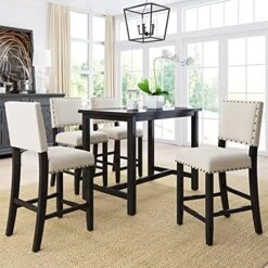 Merax 5 Piece Dining Set Kitchen Table Set Counter Height Table Set With One Rectangle Table And 4 Cushioned Chairs For 4 Persons Dining Room Table Set For Small Place(Table+4 Chairs) -Home Table Chair Store 518MDdHGK S. AC