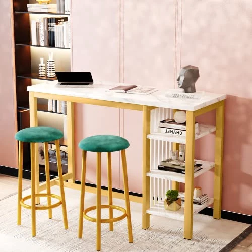 AWQM Bar Table Set With Storage Shelves, 47" White Modern Faux Marble Breakfast Table With 2 Stools, 3-Piece Dining Set For 2, Space Saving Table For Kitchen/Dinning Room/Living Room/Bedroom/Office 4 AWQM Bar Table Set With Storage Shelves, 47" White Modern Faux Marble Breakfast Table With 2 Stools, 3-Piece Dining Set For 2, Space Saving Table For Kitchen/Dinning Room/Living Room/Bedroom/Office - Image 2