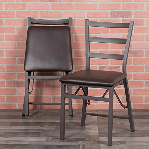 Flash Furniture 2 Pack HERCULES Series Brown Folding Ladder Back Metal Chair With Brown Vinyl Seat 4 Flash Furniture 2 Pack HERCULES Series Brown Folding Ladder Back Metal Chair With Brown Vinyl Seat - Image 2