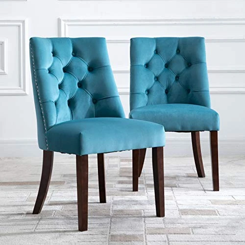 Dolonm Modern Dining Chairs Set Of 2 Upholstered Button Tufted Velvet Dining Chair With Nailhead Trim Accent Wingback Wooden Side Chair For Dining Room Kitchen Bedroom, Blue 3 Dolonm Modern Dining Chairs Set Of 2 Upholstered Button Tufted Velvet Dining Chair With Nailhead Trim Accent Wingback Wooden Side Chair For Dining Room Kitchen Bedroom, Blue