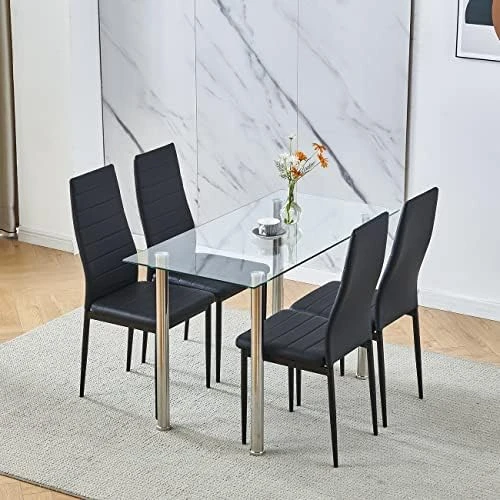 Ansley&HosHo Small Kitchen Table And Chairs Set For 2, 3-Piece Modern Glass Dining Room Table Set, Black Square Kitchen Table And 2 Black Leather Chairs For Home, Living Room, Dinette, Restaurant 11 Ansley&HosHo Small Kitchen Table And Chairs Set For 2, 3-Piece Modern Glass Dining Room Table Set, Black Square Kitchen Table And 2 Black Leather Chairs For Home, Living Room, Dinette, Restaurant - Image 9