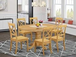East West Furniture AVBO7-OAK-W Kitchen Set 6 Amazing Room Chairs-A Stunning Round Color Wooden Seat Oak Butterfly Leaf Modern Dining Table -Home Table Chair Store 51AUNOYSdNL. AC