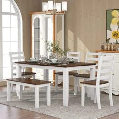 Harper & Bright Designs 6-Piece Dining Set With Bench, Farmhouse Rustic Kitchen Table Set With Wood Table, Bench And 4 Cross Back Dining Chairs, White+Cherry -Home Table Chair Store 51Az1iIvqpL. AC