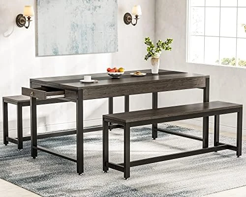 Tribesigns Dining Table Set For 4 To 6, 63 Inch Kitchen Breakfast Table With 2 Benches & Sided Drawer, 3-Piece Modern Industrial Bar Table Furniture Set For Dining Room, Home, Rustic Brown & Black 9 Tribesigns Dining Table Set For 4 To 6, 63 Inch Kitchen Breakfast Table With 2 Benches & Sided Drawer, 3-Piece Modern Industrial Bar Table Furniture Set For Dining Room, Home, Rustic Brown & Black - Image 7