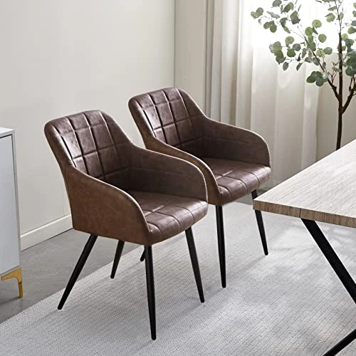 TUKAILAi Modern Dining Chairs Set Of 2, PU Leather Upholstered Accent Arm Chair With Padded Seat, Armrest & Backrest, Occasional Armchair For Leisure Lounge Guest Reception (Brown) 3 TUKAILAi Modern Dining Chairs Set Of 2, PU Leather Upholstered Accent Arm Chair With Padded Seat, Armrest & Backrest, Occasional Armchair For Leisure Lounge Guest Reception (Brown)