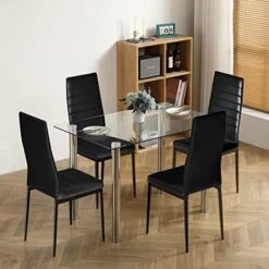 Henf 5 Pieces Dining Table Set, Modern Dining Table Set For 4 Persons With Tempered Glass Top Table And 4 PU Leather Chairs For Breakfast Dining Room Kitchen Furniture, Black (Black-3) -Home Table Chair Store 51C0 kLo4jL. AC