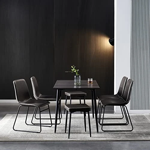 Hanway Modern Dining Table Set For 6 | 4 Chairs + 2 Benches | Upholstered Seats | Rectangular Kitchen & Living Room Furniture | Metal Legs | Faux-Leather | Stylish Home Décor Piece (Black Chair) 5 Hanway Modern Dining Table Set For 6 | 4 Chairs + 2 Benches | Upholstered Seats | Rectangular Kitchen & Living Room Furniture | Metal Legs | Faux-Leather | Stylish Home Décor Piece (Black Chair) - Image 3