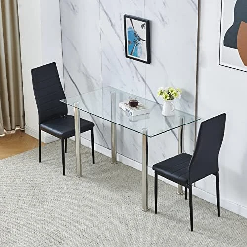 Ansley&HosHo Small Kitchen Table And Chairs Set For 2, 3-Piece Modern Glass Dining Room Table Set, Black Square Kitchen Table And 2 Black Leather Chairs For Home, Living Room, Dinette, Restaurant 17 Ansley&HosHo Small Kitchen Table And Chairs Set For 2, 3-Piece Modern Glass Dining Room Table Set, Black Square Kitchen Table And 2 Black Leather Chairs For Home, Living Room, Dinette, Restaurant - Image 15