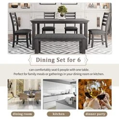 RUNWON 6 Piece Kitchen Dining Table Set Farmhouse Rustic With 4 Chairs 1 Bench With Padded Cushion For Family, Gray -Home Table Chair Store 51EAu0veyxL