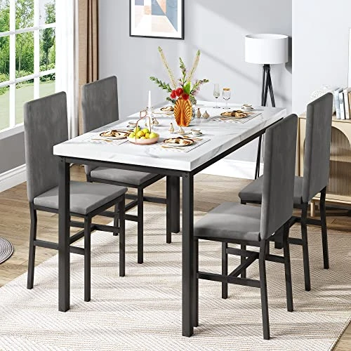 Tantohom Dining Table Set For 4, Compact Kitchen Table And Chairs For 4, 5 Pieces Faux Marble Dining Room Table Set With 4 Velvet Upholstery Chairs For Small Space, Living Room, Breakfast Nook, Gray 4 Tantohom Dining Table Set For 4, Compact Kitchen Table And Chairs For 4, 5 Pieces Faux Marble Dining Room Table Set With 4 Velvet Upholstery Chairs For Small Space, Living Room, Breakfast Nook, Gray - Image 2