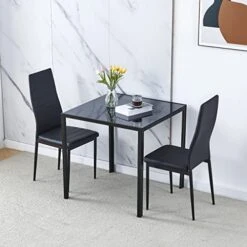 Ansley&HosHo Small Kitchen Table And Chairs Set For 2, 3-Piece Modern Glass Dining Room Table Set, Black Square Kitchen Table And 2 Black Leather Chairs For Home, Living Room, Dinette, Restaurant