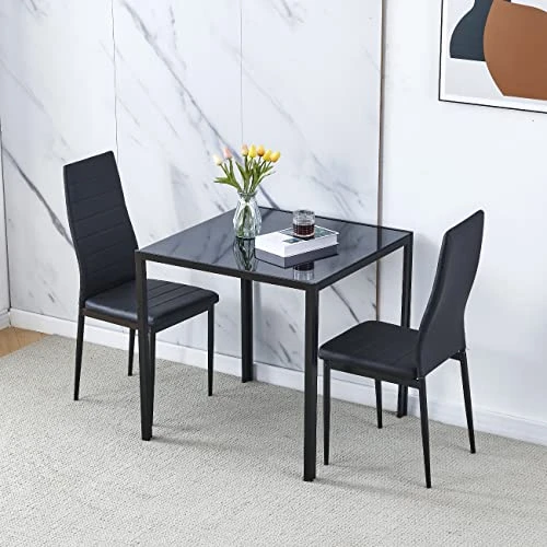Ansley&HosHo Small Kitchen Table And Chairs Set For 2, 3-Piece Modern Glass Dining Room Table Set, Black Square Kitchen Table And 2 Black Leather Chairs For Home, Living Room, Dinette, Restaurant 3 Ansley&HosHo Small Kitchen Table And Chairs Set For 2, 3-Piece Modern Glass Dining Room Table Set, Black Square Kitchen Table And 2 Black Leather Chairs For Home, Living Room, Dinette, Restaurant