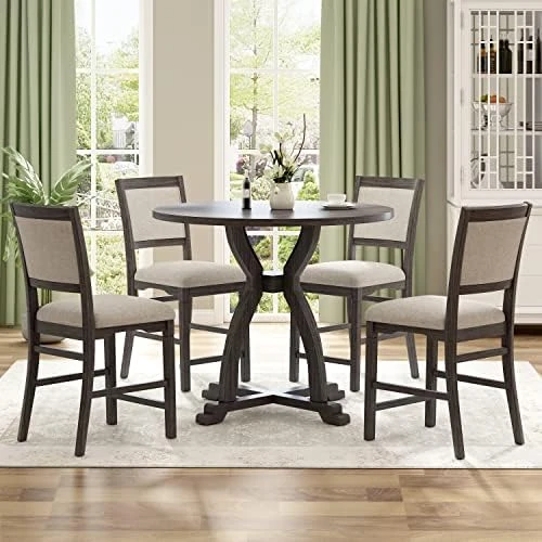 P PURLOVE 5-Piece Round Dining Table Set For 4, Retro Style Kitchen Table Set With Curved Trestle Style Table Legs And 4 Upholstered Chairs For Dining Room, Kitchen Room 14 P PURLOVE 5-Piece Round Dining Table Set For 4, Retro Style Kitchen Table Set With Curved Trestle Style Table Legs And 4 Upholstered Chairs For Dining Room, Kitchen Room - Image 12