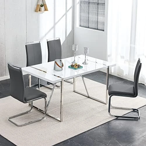 NYEESS Modern Dining Table Set For 4, 5-Piece Kitchen Dining Table Set, Wood Dining Table And Leather Dining Chairs Set For 4 Suitable For Dining Room, Kitchen (White, 1*Table+4*Chairs) 12 NYEESS Modern Dining Table Set For 4, 5-Piece Kitchen Dining Table Set, Wood Dining Table And Leather Dining Chairs Set For 4 Suitable For Dining Room, Kitchen (White, 1*Table+4*Chairs) - Image 10