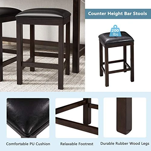 Harper & Bright Designs 4-Piece Counter Height Table Set With 2 Drawers And Socket, Mulitpurpose Rustic Bar Dining Table Set With 3 Leather Padded Stools (Espresso) 5 Harper & Bright Designs 4-Piece Counter Height Table Set With 2 Drawers And Socket, Mulitpurpose Rustic Bar Dining Table Set With 3 Leather Padded Stools (Espresso) - Image 3