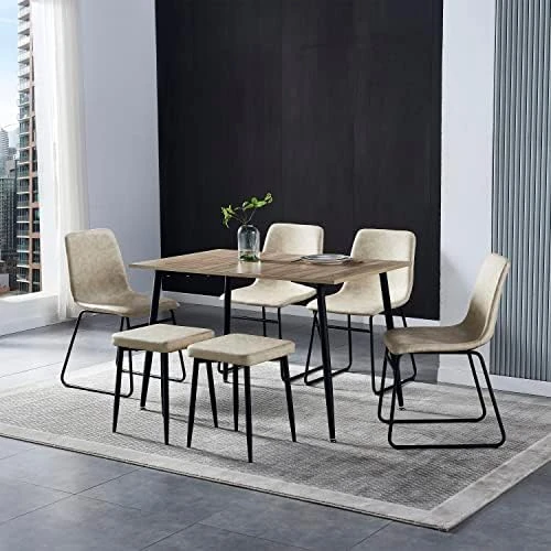 Hanway Modern Dining Table Set For 6 | 4 Chairs + 2 Benches | Upholstered Seats | Rectangular Kitchen & Living Room Furniture | Metal Legs | Faux-Leather | Stylish Home Décor Piece (Black Chair) 10 Hanway Modern Dining Table Set For 6 | 4 Chairs + 2 Benches | Upholstered Seats | Rectangular Kitchen & Living Room Furniture | Metal Legs | Faux-Leather | Stylish Home Décor Piece (Black Chair) - Image 8