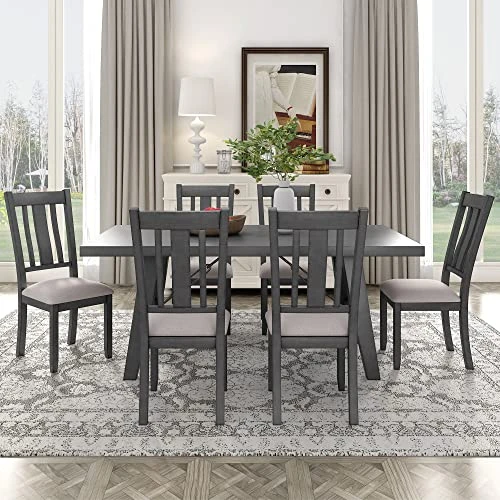 UBGO Dining Table Set 7-Piece Set-72 Industrial Style Rectangular Chain Bracket Chairs,Family Furniture For 6 People,for Home Kitchen Room/Breakfast Corner(Gray) 4 UBGO Dining Table Set 7-Piece Set-72 Industrial Style Rectangular Chain Bracket Chairs,Family Furniture For 6 People,for Home Kitchen Room/Breakfast Corner(Gray) - Image 2
