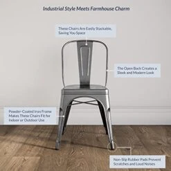 BELLEZE Metal Dining Chairs Set Of 4, Stackable Metal Chairs Industrial Vintage Farmhouse Chairs With Detachable Backrest, Weather Resistant Tolix Chair For Indoor Outdoor - Alexander (Gunmetal) -Home Table Chair Store 51HkulmZfZL