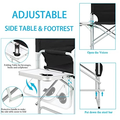ANRYAGF Tall Directors Chair Foldable Makeup Artist Chair For Adults With Side Table Cup Holder Foot 41'' Seat Height Support 400 Lbs Load Reinforced Frame Black 6 ANRYAGF Tall Directors Chair Foldable Makeup Artist Chair For Adults With Side Table Cup Holder Foot 41'' Seat Height Support 400 Lbs Load Reinforced Frame Black - Image 4