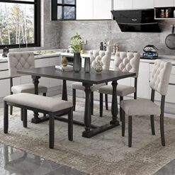 P PURLOVE Faux Marble Style 6 Piece Dining Table Set Marble Stickers MDF Top Kitchen Table With 4 Thicken Cushion Chairs And A Bench, For Home Living Room (White) -Home Table Chair Store 51I6XUTHg2L. AC